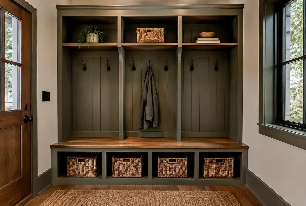 Custom mudroom built-in bench with cubbies and hooks
