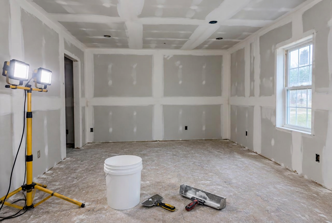Newly hung and taped drywall with finishing tools