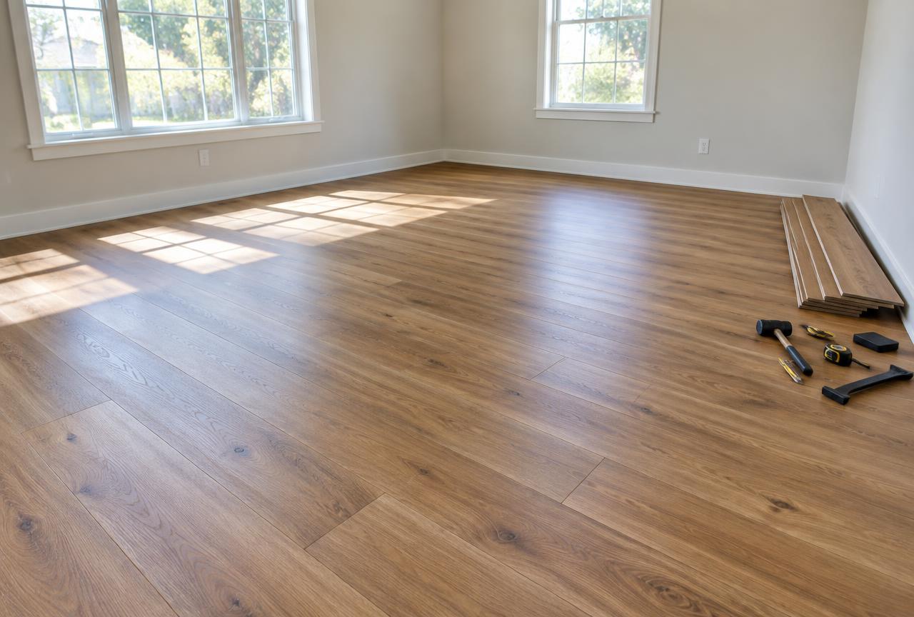 Newly installed wood-look plank flooring