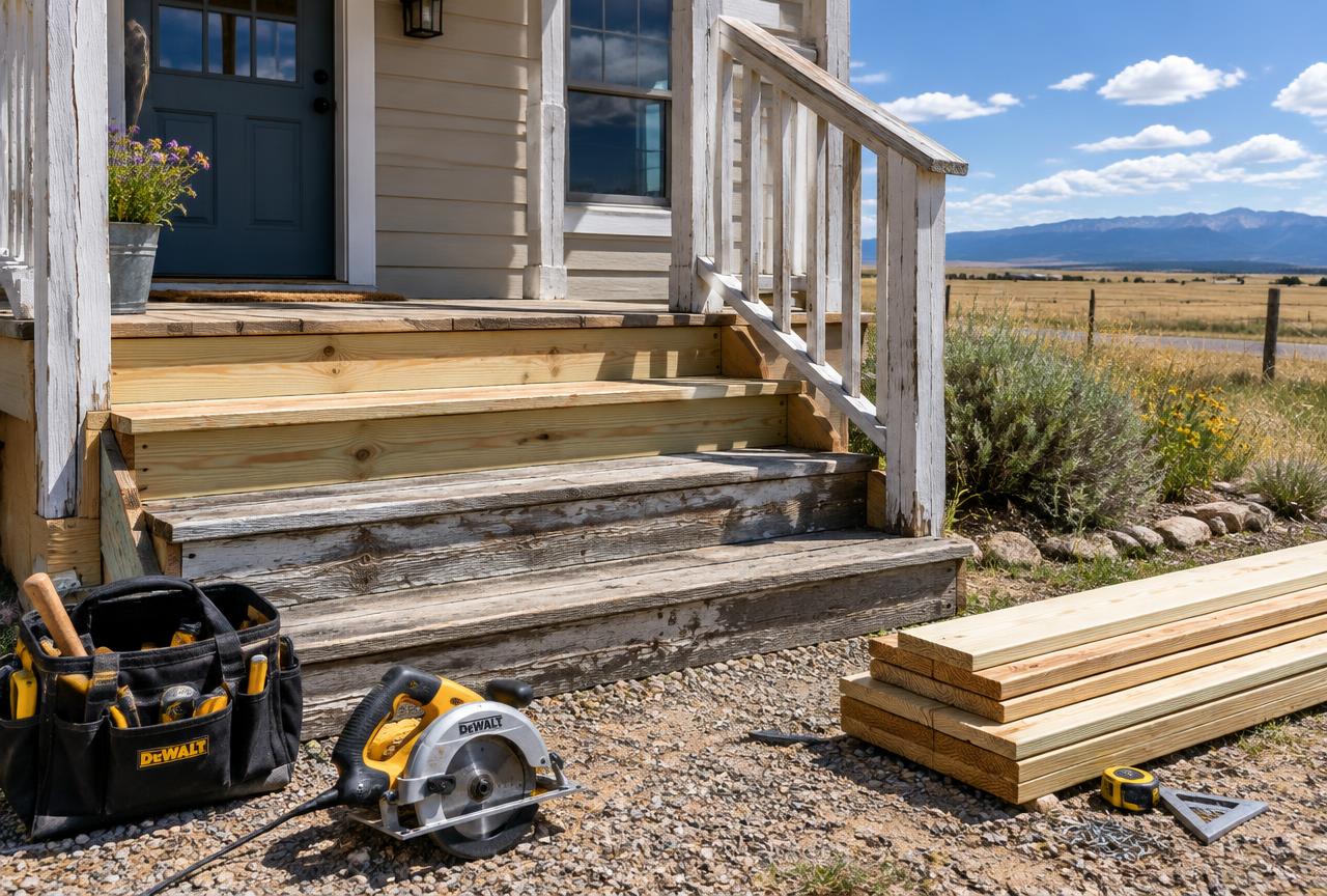 Porch steps being repaired with new boards